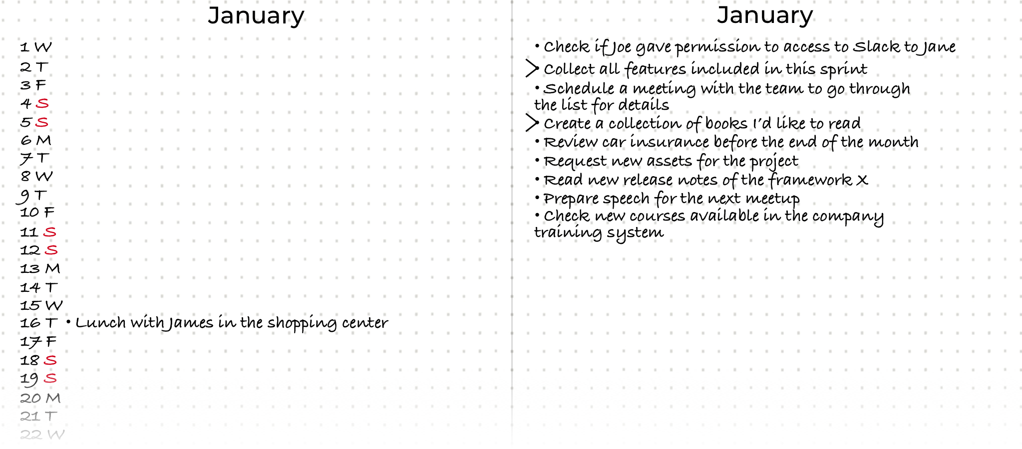 Month log with tasks marked as moved